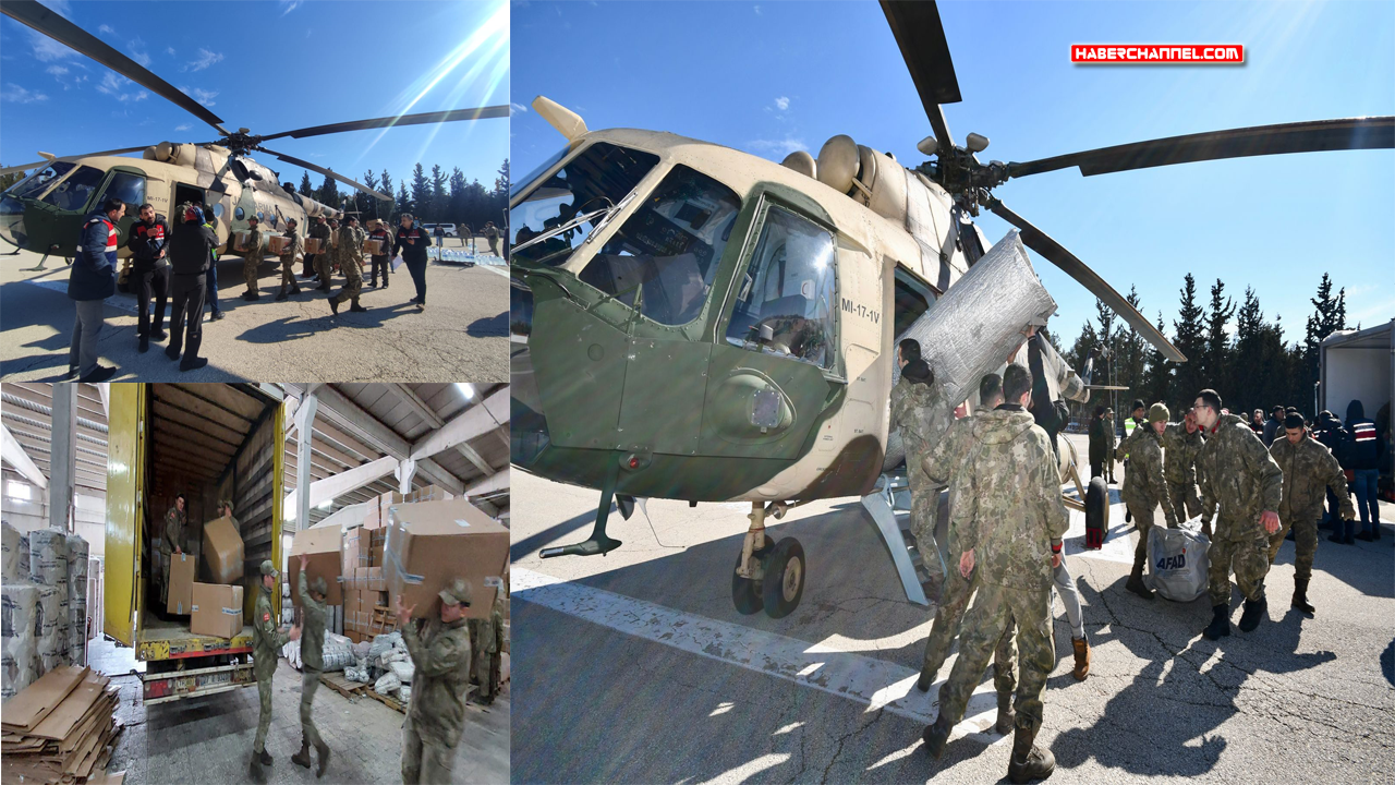 Gaziantep'in ilçelerinde depremzedelere askeri helikopterle yardım...