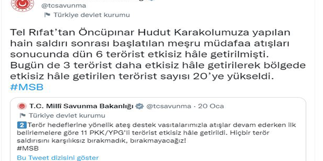 MSB: "PKK/YPG'li 20 terörist etkisiz hale getirildi"