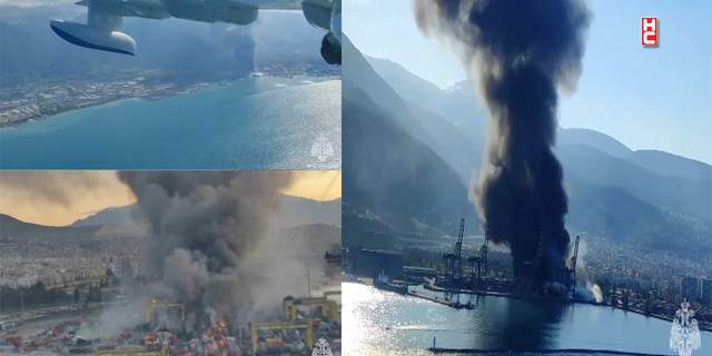 Rusya, limandaki yangın söndürme çalışmalarına havadan destek veriyor...