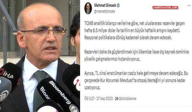 Bakan Şimşek: "Uluslararası rezervler tarihin en büyük haftalık artışını kaydetti"