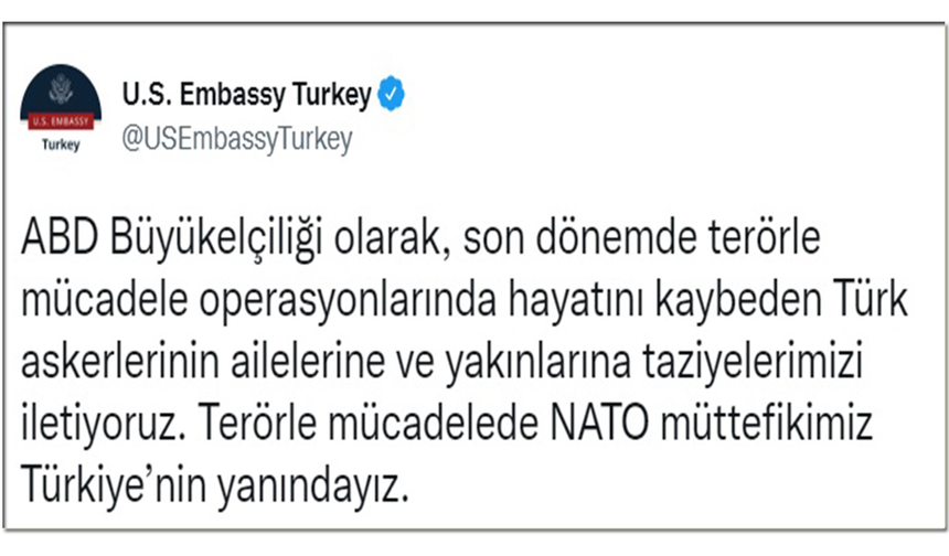 ABD Büyükelçiliği'nden hayatını kaybeden Türk askerleri için taziye mesajı