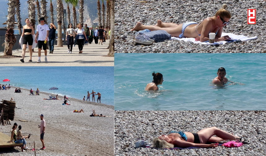 Antalya'da dünkü fırtına sonrası sahil doldu; denize de girdiler...